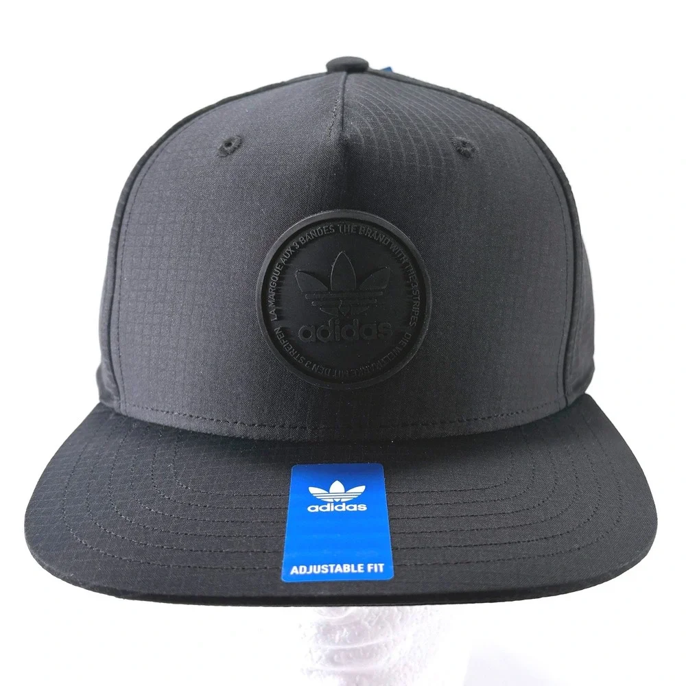 Adidas Ripstop Perforated Rubberized Trefoil Logo Mens Black Snapback Hat NWT